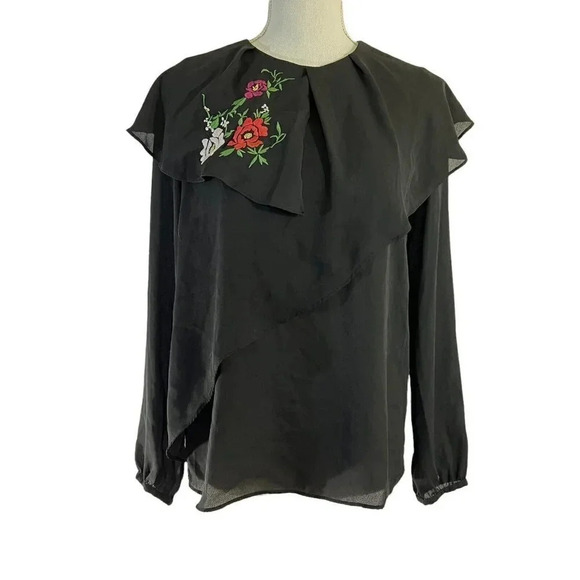 Zara Basic Black Layered Blouse Embroidered Flower Embellished Size XS - Picture 1 of 10